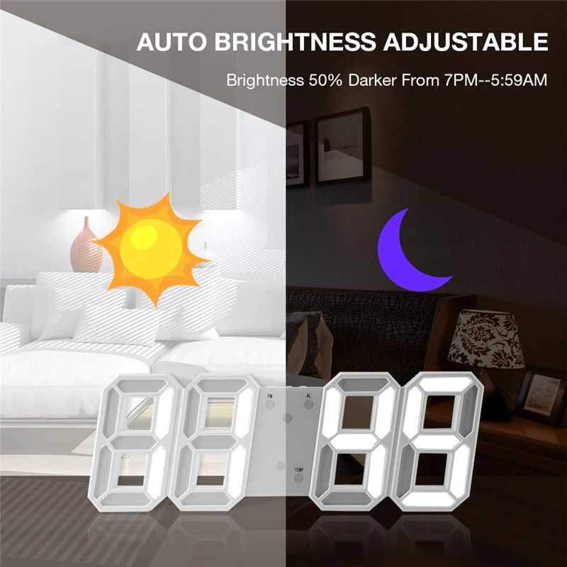 Modern 3D LED Wall Clock โ Digital Alarm & Auto Brightness