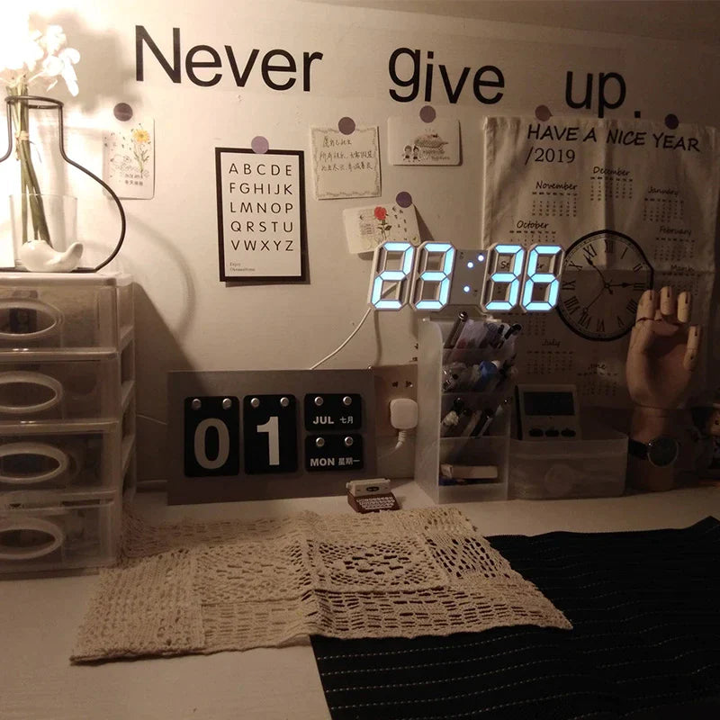 Modern 3D LED Wall Clock โ Digital Alarm & Auto Brightness