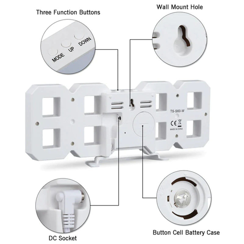 Modern 3D LED Wall Clock โ Digital Alarm & Auto Brightness