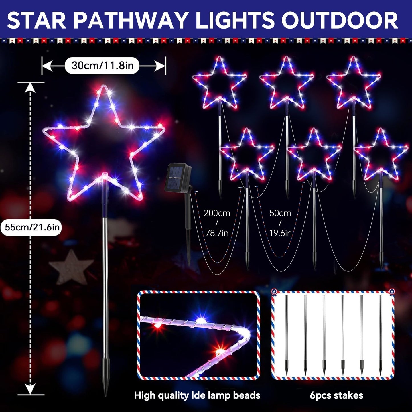Outdoor Solar Star Pathway Lights – Red, White & Blue Decorative Stakes (6 - Pack) – Outdoor Lighting – Eliosun Home Decor