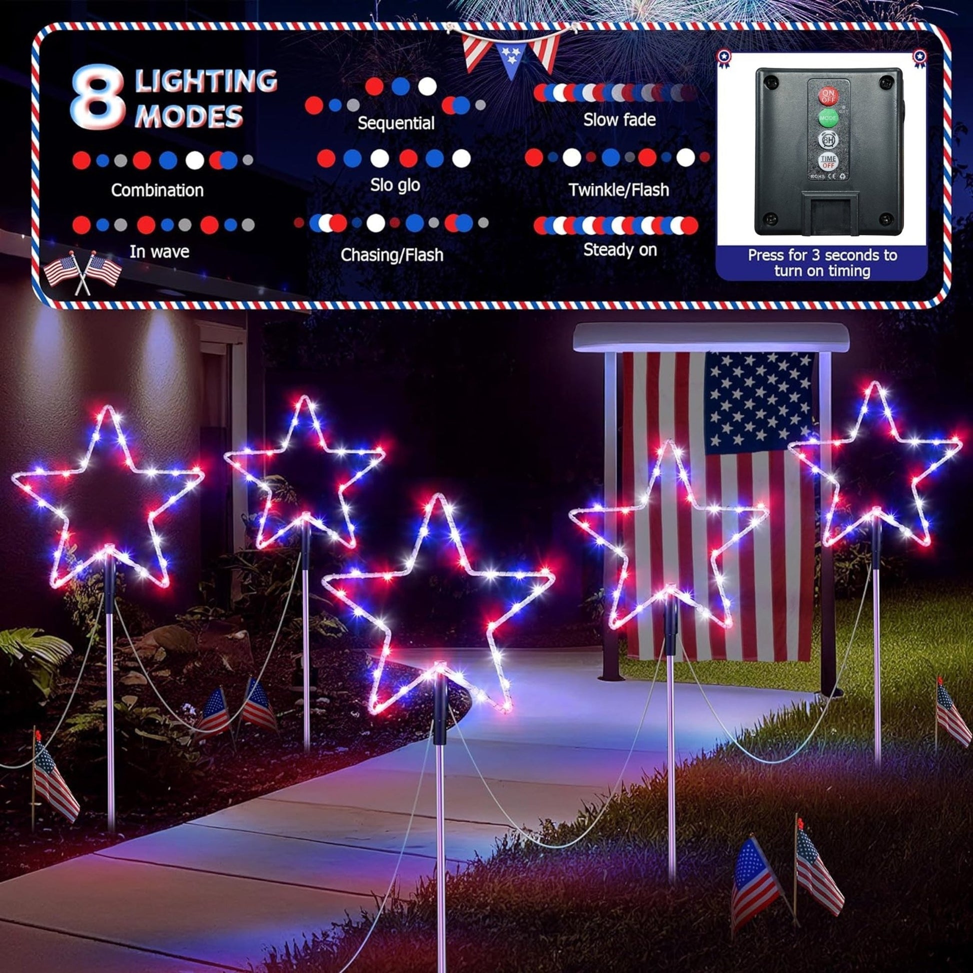 Outdoor Solar Star Pathway Lights – Red, White & Blue Decorative Stakes (6 - Pack) – Outdoor Lighting – Eliosun Home Decor