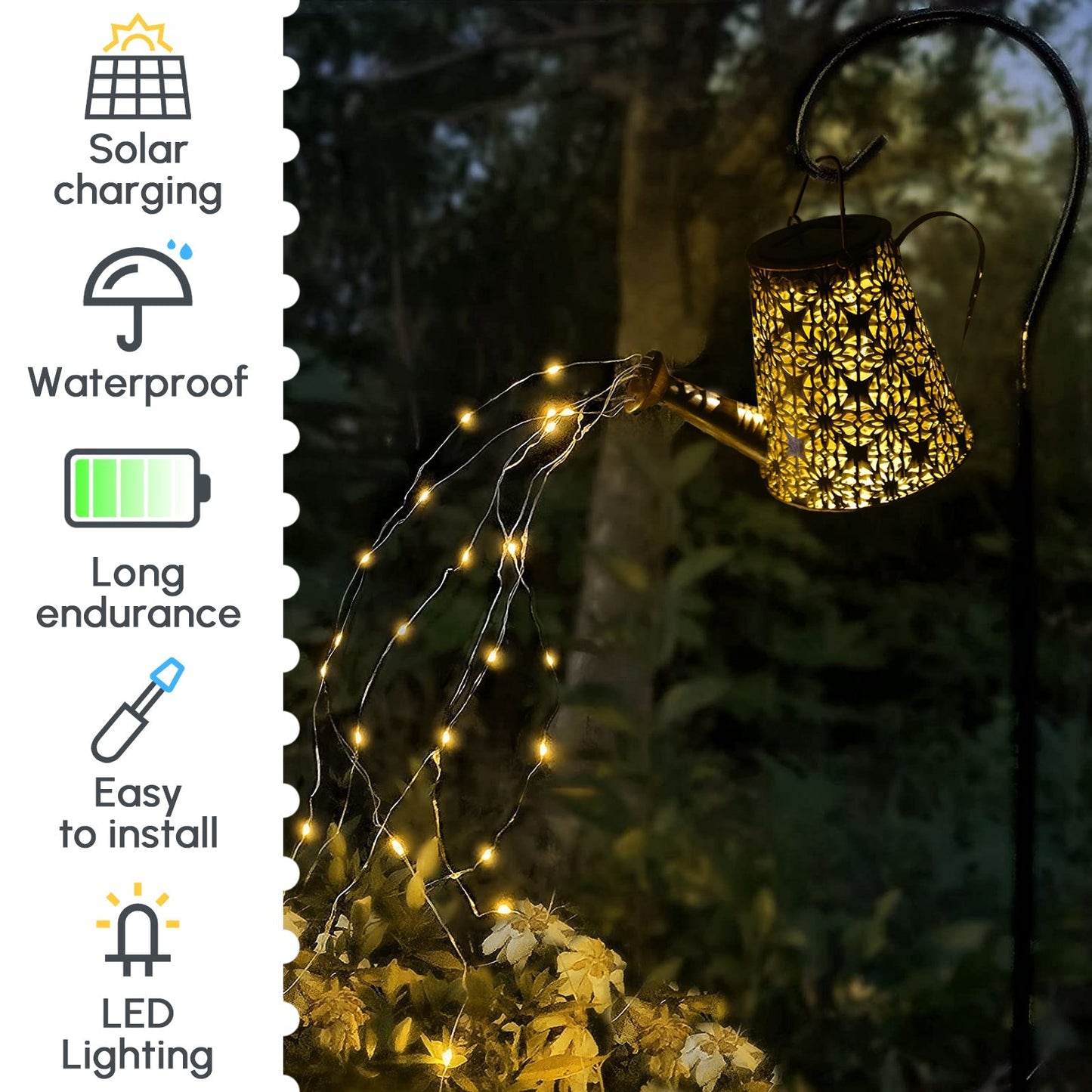 Solar Watering Can Lantern – Hanging Outdoor Light with Fairy String Effect – Outdoor Lighting – Eliosun Home Decor